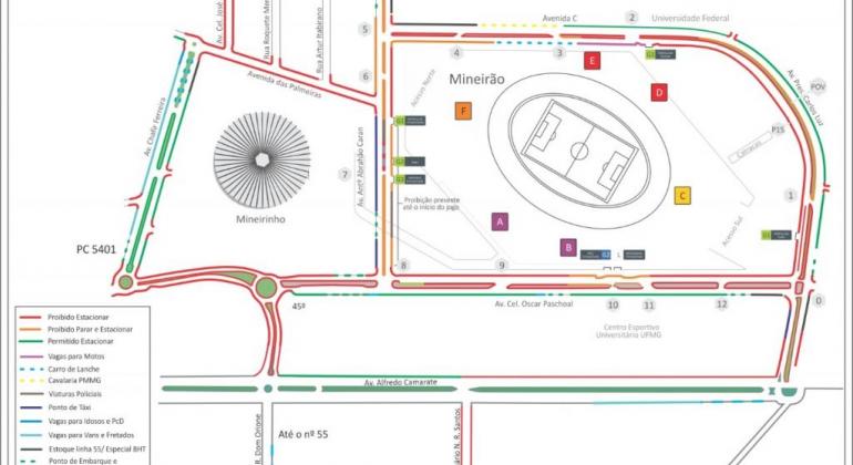 Mapa apresenta alterações no trânsito no entorno do Mineirão 