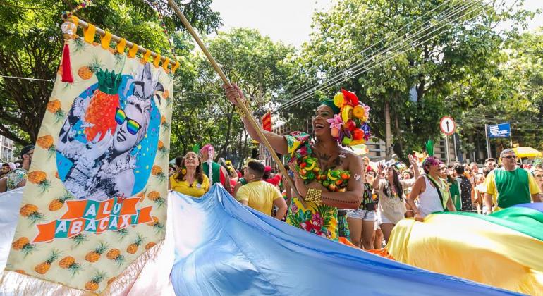 Mulher roupa carnavalesca de frutas e adereço no cabelo porta o estanderte do Bloco Alô Abacaxi, durante o dia; ao seu redor, muitos foliões.