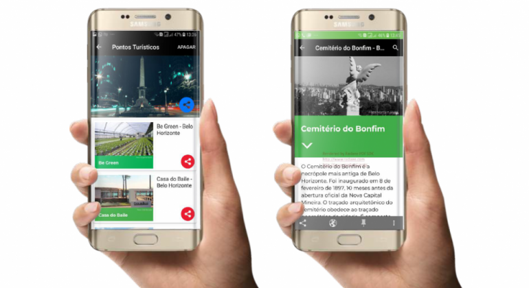 Compartilhamento de informações turísticas por meio de tecnologias digitais Imagem traz dois smartphones com o aplicativo em funcionamento