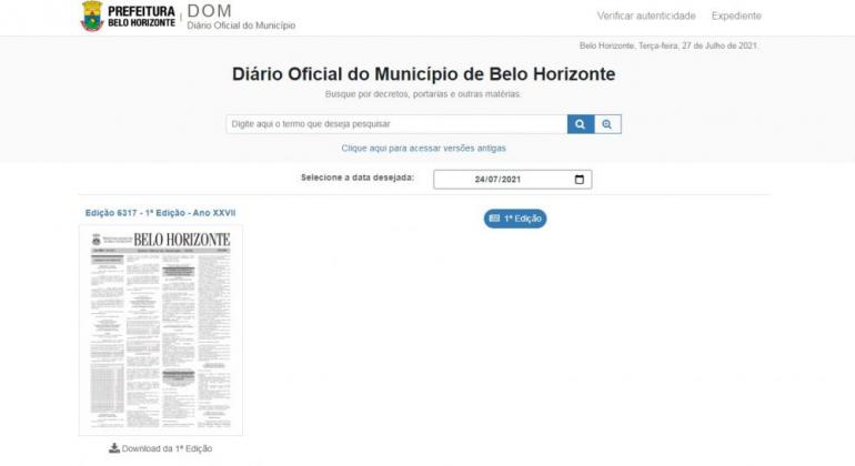 Primeira página do site do novo DOM da Prefeitura de Belo Horizonte