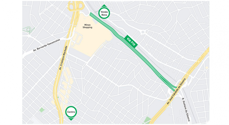 Trecho da Via 710 é liberado ao tráfego de veículos nesta quarta, dia 5 Mapa mostrando parte de Belo Horizonte, destacando o trecho da Via 710