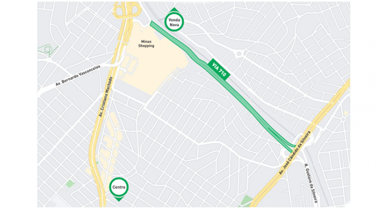 Mapa mostrando parte de Belo Horizonte, destacando o trecho da Via 710