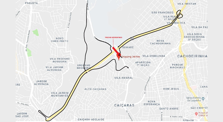BHTrans faz operação de trânsito e transporte para demolição de passarela em frente ao Shopping Del Rey, na noite de sábado, dia 3/11. Arte: PBH Mapa da operação de trânsito e transporte para demolição de passarela em frente ao Shopping Del Rey, realizada no dia 3/11.