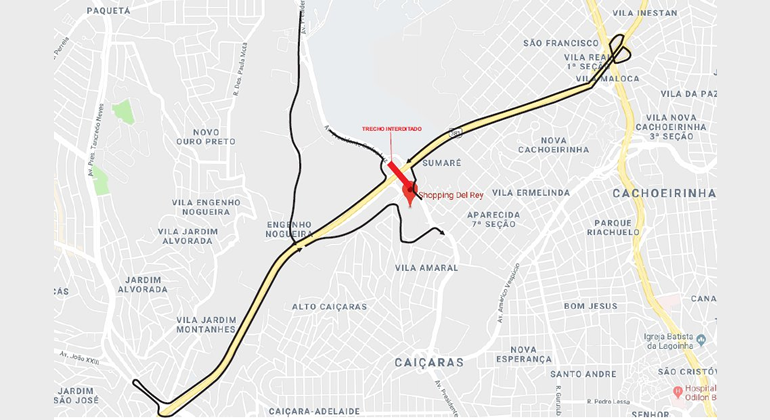 Mapa da operação de trânsito e transporte para demolição de passarela em frente ao Shopping Del Rey, realizada no dia 3/11.