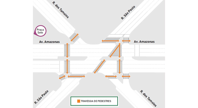 Promover melhorias no trânsito e aumentar a segurança de pedestres na av. Amazonas esquina com rua São Paulo é o objetivo do projeto. Arte: PBH Mapa das intervenções do Projeto MOBICENTRO, na avenida Amazonas esquina com rua São Paulo.