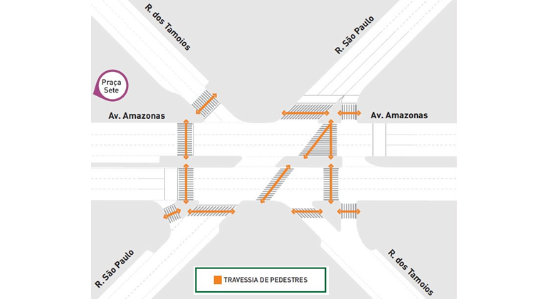 Mapa das intervenções do Projeto MOBICENTRO, na avenida Amazonas esquina com rua São Paulo. 