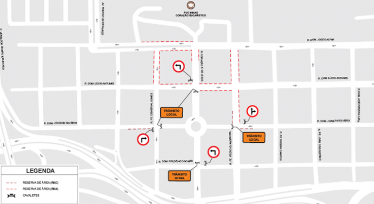 A BHTrans realiza operação especial de transporte e trânsito para atender o vestibular da PUC Minas no sábado, dia 17/11. Arte: PBH Mapa da operação especial de transporte e trânsito para atender o vestibular da PUC Minas, realizada no sábado, dia 17/11.