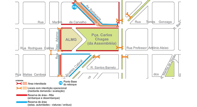 BHTrans informa que a circulação de veículos no entorno da praça da Assembleia será alterada entre os dias 31/12/2018 3 1º/1/2019. Arte: PBH Mapa da intervenção de trânsito realizada para a posse do governador, dia 1º/1/2019.