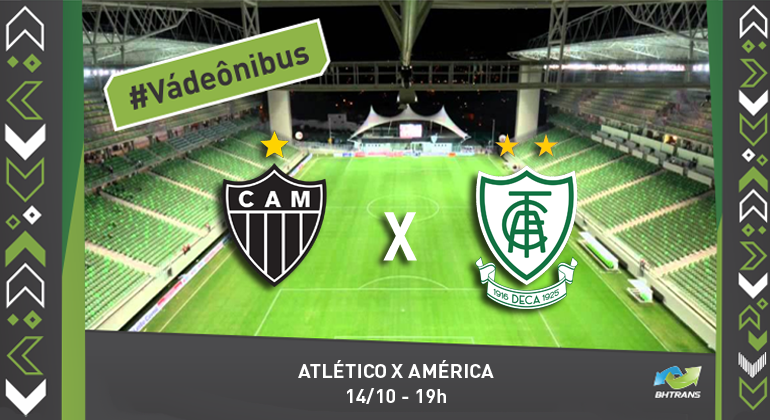 Jogo Atlético x América, neste domingo, 14/10, no Independência Escudos dos times Atlético Mineiro e América e no fundo o estádio Independência vazio. #VádeÔnibus