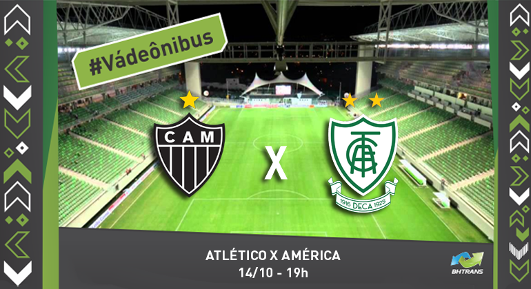 Escudos dos times Atlético Mineiro e América e no fundo o estádio Independência vazio. #VádeÔnibus