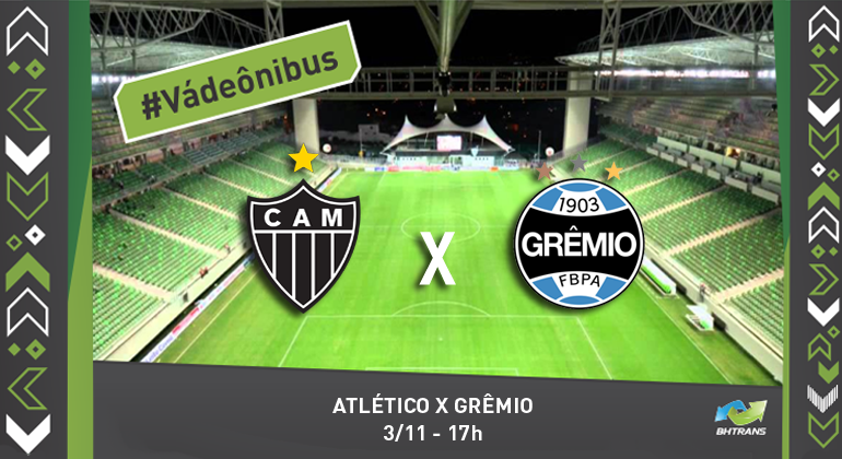 Para o jogo Atlético x Grêmio, no sábado, dia 3/11, às 17h, no Independência, a BHTrans implantará serviço especial de transporte coletivo. Arte: PBH Imagem do estádio do Independência com os brasões dos times América e Cruzeiro com um "x" no meio; no alto e à direita, os dizeres: "#Váde ônibus; abaixo, ao centro, os dizeres: "Atlético x Grêmio: 3/11 - 17h".