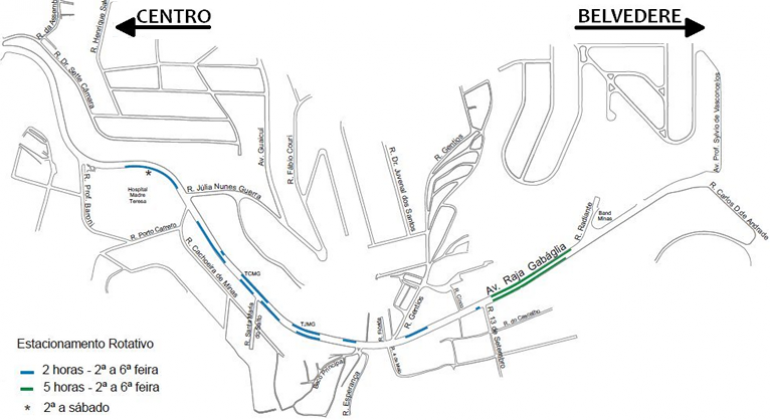 A BHTrans ampliou a oferta de vagas de estacionamento rotativo nos bairros Luxemburgo e Lourdes desde 31/10. Arte: PBH Mapa das novas vagas de estacionamento rotativo nos bairros Lourdes e Luxemburgo.