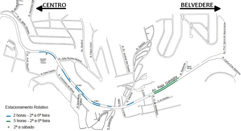 Mapa das novas vagas de estacionamento rotativo nos bairros Lourdes e Luxemburgo.