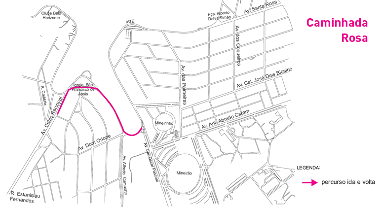 Orla da Pampulha terá operação de trânsito para a Caminhada Rosa, neste domingo Mapa da orla da lagoa da Pampulha com percurso da "Corrida Rosa" destacado na cor rosa