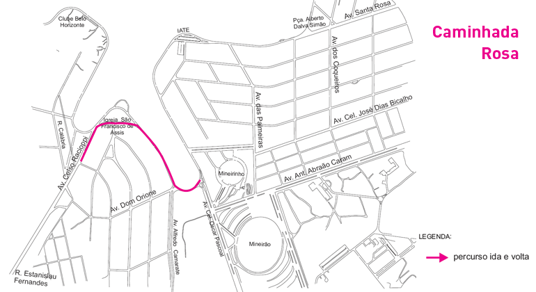 Mapa da orla da lagoa da Pampulha com percurso da "Corrida Rosa" destacado na cor rosa