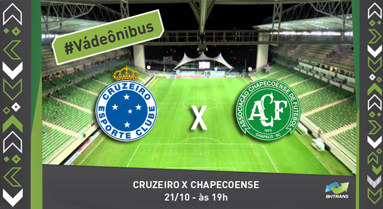 BHTrans realiza operação especial para jogo entre Cruzeiro e Chapecoense Foto do estádio independência ao fundo com os brasões do cruzeiro e da chapecoense à frente. Há o texto "Cruzeiro e Chapecoense - 21/10 às 19".