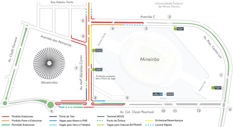 Mapa da operação de transportes e trânsito realizada no entorno do Mineirão em função do Festival das Cores, realizado no sábado, dia 15/12. 