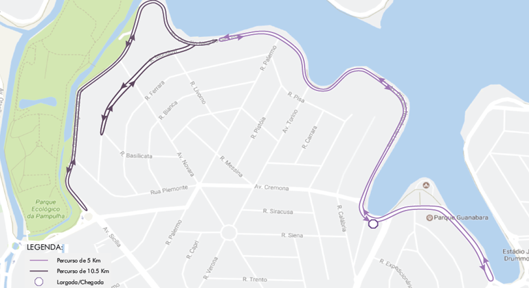 Orla da Pampulha terá operação de trânsito e transportes para Corrida Neon Night Run, neste sábado, 3/11. Arte: PBH Mapa da corrida Corrida Neon Night Run no sábado, dia 3/11.