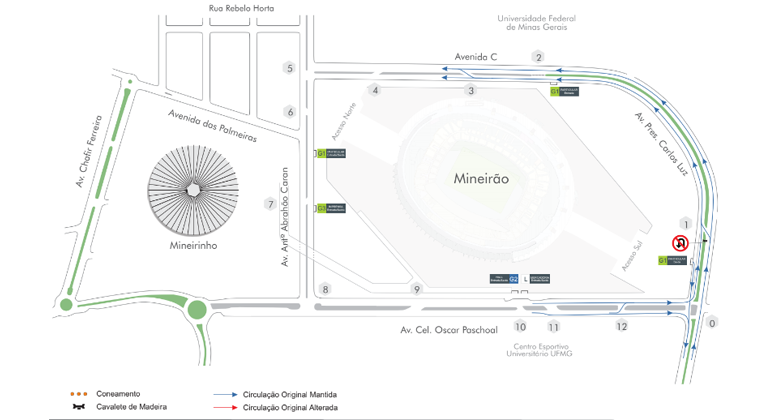 Mapa da operação de trânsito do aniversário de 90 anos do Mercado Central, no Mineirão.