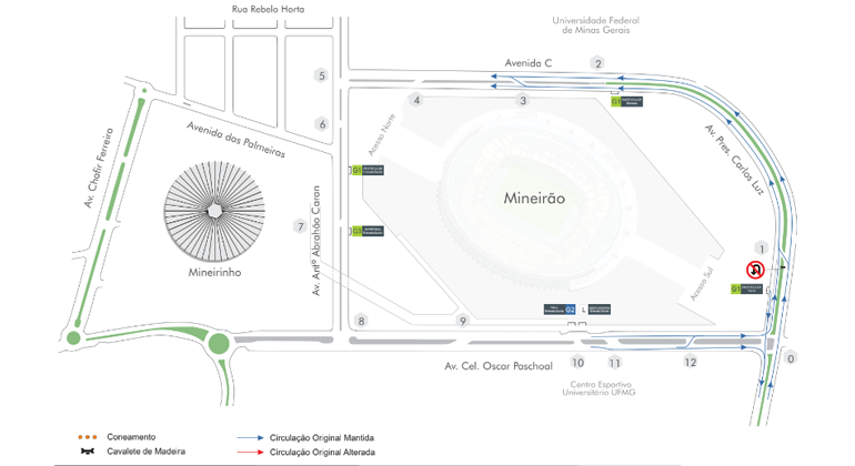 BHTrans realiza operação especial de trânsito e transportes para evento de comemoração de 90 Anos do Mercado Central, no sábado, dia 14/9. Arte: PBH Mapa da operação de trânsito do aniversário de 90 anos do Mercado Central, no Mineirão.