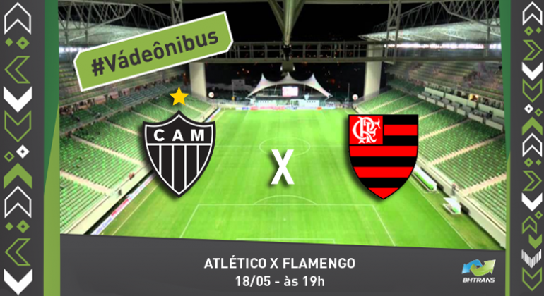 A BHTrans realiza operação de trânsito e transporte para evento; a linha 9033 começa a operar às 17h30 com intervalos de 20 minutos. Arte: PBH #Vá de ônibus: Atlético x Flamengo dia 18/5, às 19h.