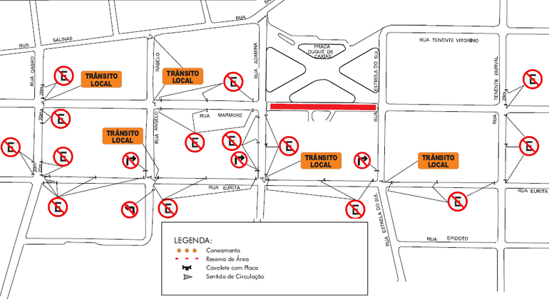 Mapa da operação de trânsito no bairro Santa Tereza, na Praça Duque Caxias, nos dias 27 e 28/7. 