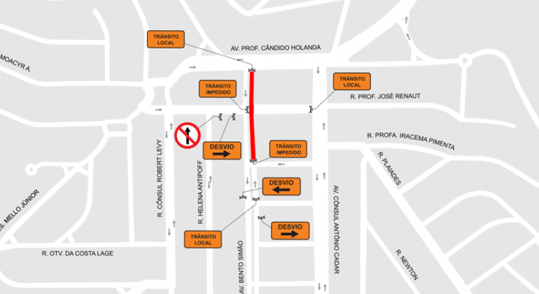 A av. Bento Simão, entre as ruas Prof. Cândido Holanda e Cel. Antônio Garcia de Paiva, lado ímpar, será interditada das 8h às 21h do dia 29. Arte: PBH Mapa da operação de trânsito no bairro São Bento no dia 29/6 em função do evento BH Cult.