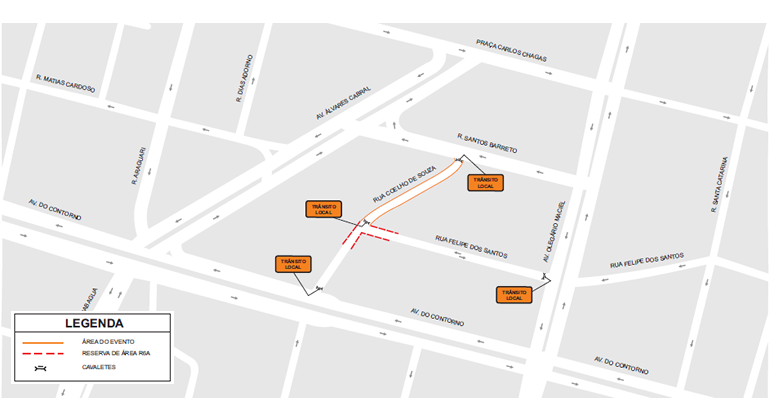 Mapa da operação de trânsito realizada nos arredores da na rua Coelho de Souza, entre as ruas Felipe dos Santos e Santos Barreto, em função de Projeto BH Cult, realizado no dia 27/8. 