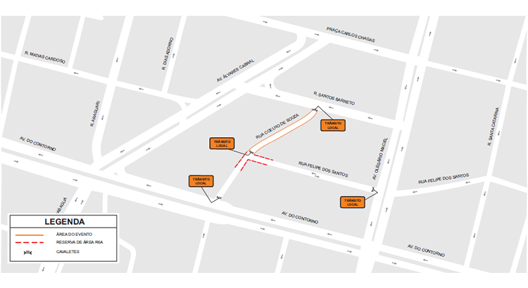 Projeto BH Cult, realizado na rua Coelho de Souza, entre as ruas Felipe dos Santos e Santos Barreto, acarreta operação de mobilidade. Arte: PBH Mapa da operação de trânsito realizada nos arredores da na rua Coelho de Souza, entre as ruas Felipe dos Santos e Santos Barreto, em função de Projeto BH Cult, realizado no dia 27/8.