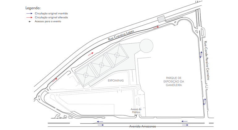 A BHTrans realiza operação de trânsito em função do evento Baile da Gaiola, festival musical e de entretenimento, no fim de semana. Arte: PBH Mapa da operação de trânsito no entorno do Expominas para o evento Baile da Gaiola, nos dias 9 e 10/11.