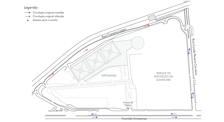 Mapa da operação de trânsito no entorno do Expominas para o evento Baile da Gaiola, nos dias 9 e 10/11. 