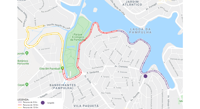 Orla da Lagoa Pampulha tem operação de trânsito e transportes para evento Circuito Mundial – Etapa Grécia, no domingo, dia 27/10. Arte: PBH Mapa do itinerário da corrida do Circuito Mundial – Etapa Grécia, no domingo, dia 27/10, na orla da Lagoa da Pampulha.