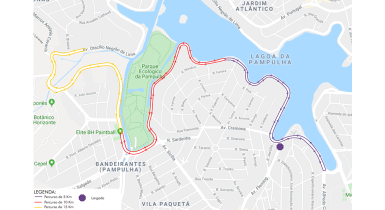 Mapa do itinerário da corrida do Circuito Mundial – Etapa Grécia, no domingo, dia 27/10, na orla da Lagoa da Pampulha. 