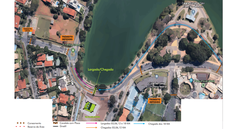 A BHTrans informa que, em função da Corrida da Superação, no domingo, dia 13/10, será realizada operação de trânsito e transportes. Arte: PBH Imagem aérea da Orla da Lagoa da Pampulha, com marcações do itinerário e da operação de trânsito.