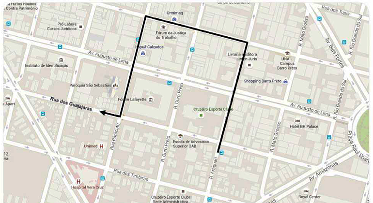 BHTrans realiza interdição da rua dos Guajajaras, entre rua Paracatu e rua Araguari, das 12h às 19h do dia 13/7. Mapa da operação de trânsito no Barro Preto, realizada nos dias 13 e 14/7 em função do evento Dia Mundial do Rock
