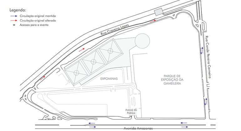 Evento Destemidos, A Conferência, acontece no Expominas no domingo, no dia 3/11, e tem operação especial de trânsito. Arte: PBH Mapa da operação de trânsito para o evento Destemidos, A Conferência, no Expominas, no domingo, dia 3/11.