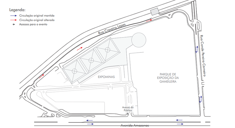 Mapa da operação de trânsito para o evento Destemidos, A Conferência, no Expominas, no domingo, dia 3/11.