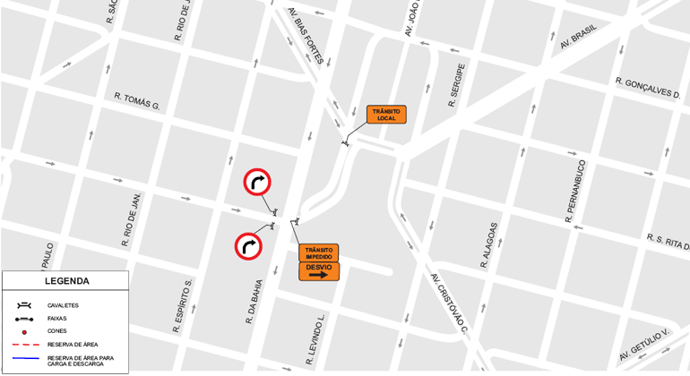 BHTrans realiza intervenções operacionais na praça José Mendes Júnior, entre avenida Bias Fortes e rua da Bahia, na Savassi, no dia 14. Arte: PBH Mapa de operação de trânsito para evento Festa Francesa, realizado na Savassi no dia 14/7.