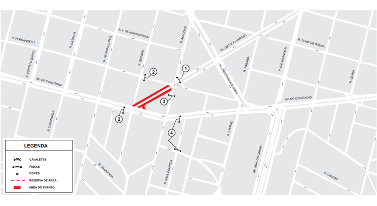 Devido à Festa Peruana, realizada no dia 28/7 na av. Getúlio Vargas, será feita operação de mobilidade na Savassi. Arte: PBH Mapa de operação de trânsito para evento Festa Peruana, realizado na av. Getúlio Vargas, entre rua Alagoas e av. do Contorno, no dia 28/7, na Savassi.