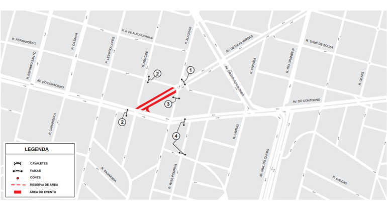 Mapa de operação de trânsito para evento  Festa Peruana, realizado na av. Getúlio Vargas, entre rua Alagoas e av. do Contorno, no dia 28/7, na Savassi. 