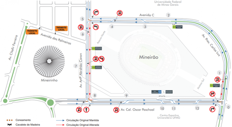A BHTrans realiza operação especial de trânsito e transportes em função do evento que acontece no Mineirão, no dia 7/9. Arte: PBH Mapa da operação de trânsito no entorno do Mineirão para evento