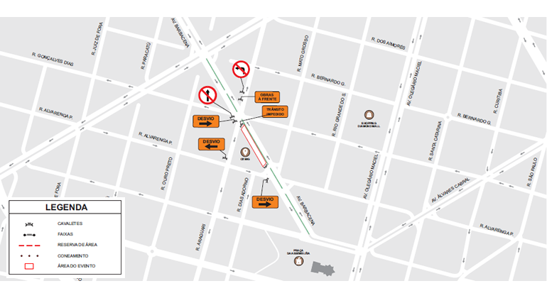 A BHTrans informa que, em função da Iluminação de Natal da avenida Barbacena, vai fazer operação de trânsito na região, de 6 a 21/12. Arte: PBH Mapa da operação de trânsito para Iluminação de Natal na av. Barbacena, a partir de 6/12