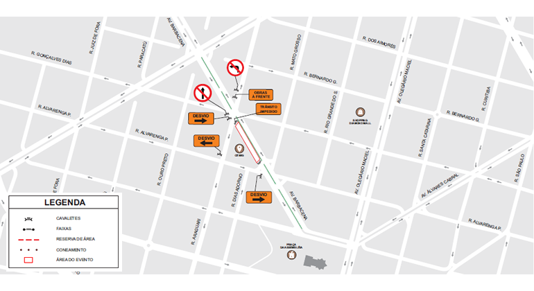 Mapa da operação de trânsito para Iluminação de Natal na av. Barbacena, a partir de 6/12