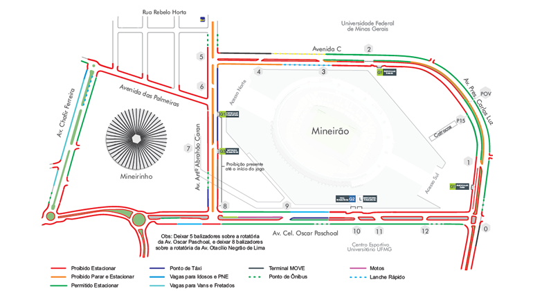 A BHTrans realiza operação especial de transportes e trânsito no entorno do estádio para jogo de futebol na quarta-feira, dia 4/12, às 19h30. Arte: PBH Mapa da operação de trânsito o jogo Atlético x Botafogo, na quarta, dia 4/12, no Mineirão.
