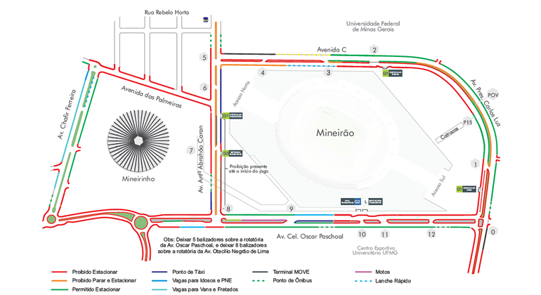 Mapa da operação de trânsito o jogo Atlético x Botafogo, na quarta, dia 4/12, no Mineirão.