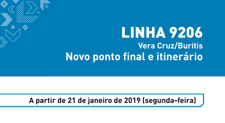 Mudanças no itinerário da linha 9206 têm o objetivo de para melhorar acesso à UPA Leste e ocorrem a partir de segunda-feira, dia 21/1. Arte: PBH Linha 9206 Vera Cruz/Buritis. Novo ponto final e itinerário. A partir de 21 de janeiro de 2019 (segunda-feira).