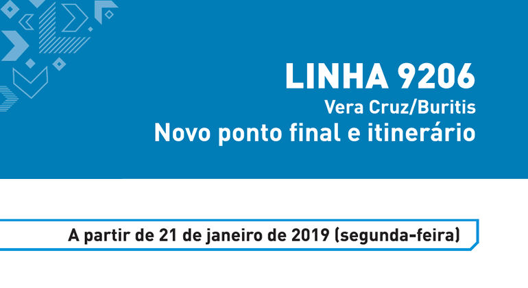 Linha 9206 Vera Cruz/Buritis. Novo ponto final e itinerário. A partir de 21 de janeiro de 2019 (segunda-feira).