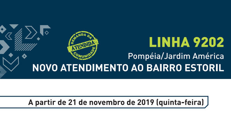 A linha 9202 (Pompéia/Jardim América) terá novo atendimento ao bairro Estoril, nos dias úteis, picos da manhã e tarde. Arte: PBH Linha 9202: Pompéia/Jardim América. Novo atendimento ao bairro Estoril.