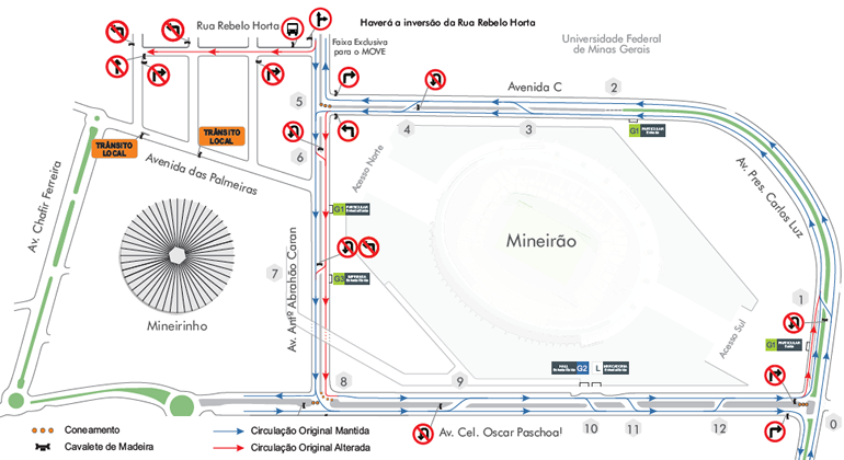 Mapa da operação de trânsito para o jogo Atlético x Zamora, realizado no dia 3/4.