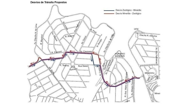 BHTRans realiza operação de trânsito e transportes no sábado, dia 6/4, em função de corrida na orla da Lagoa da Pampulha. Arte: PBH Mapa dos desvios de trânsito da corrida Corra para Night, no sábado, dia 6/4.